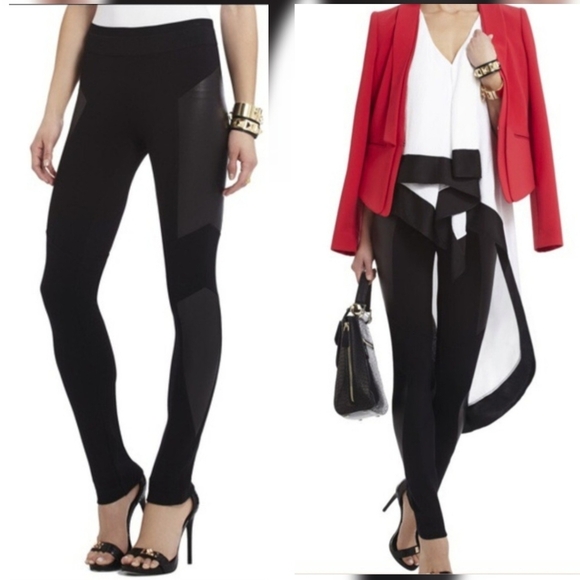 BCBGmaxazria Mari Black Two Tone Faux Leather & Fabric Leggings Size Medium - Picture 2 of 6